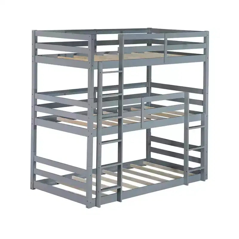 Triple Twin Bunk Bed, Solid Wood 3-Tier Bunk Bed with Dual Ladders & Guardrails