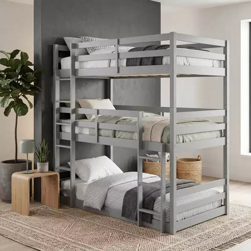 Triple Twin Bunk Bed, Solid Wood 3-Tier Bunk Bed with Dual Ladders & Guardrails