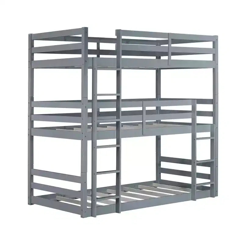 Triple Twin Bunk Bed, Solid Wood 3-Tier Bunk Bed with Dual Ladders & Guardrails