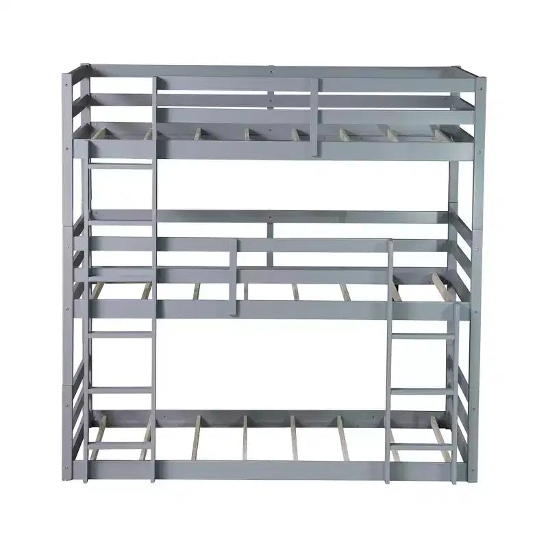 Triple Twin Bunk Bed, Solid Wood 3-Tier Bunk Bed with Dual Ladders & Guardrails