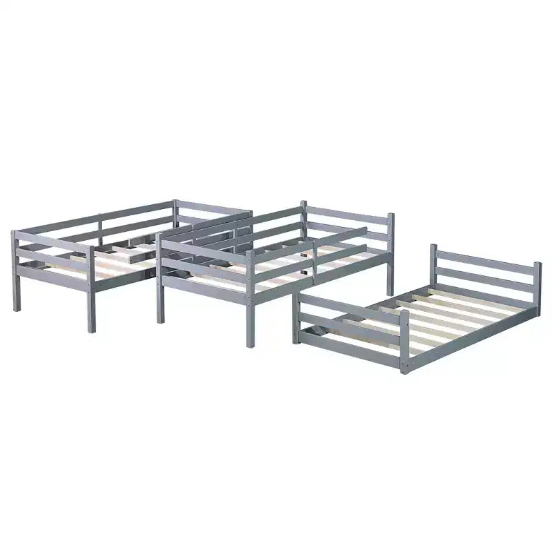 Triple Twin Bunk Bed, Solid Wood 3-Tier Bunk Bed with Dual Ladders & Guardrails