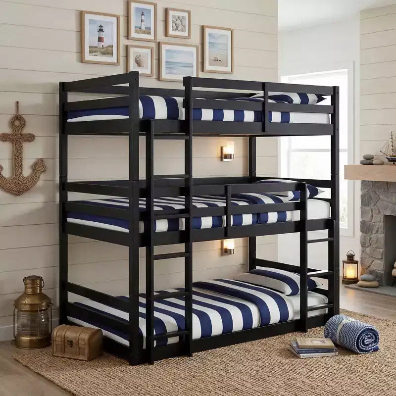Triple Twin Bunk Bed, Solid Wood 3-Tier Bunk Bed with Dual Ladders & Guardrails