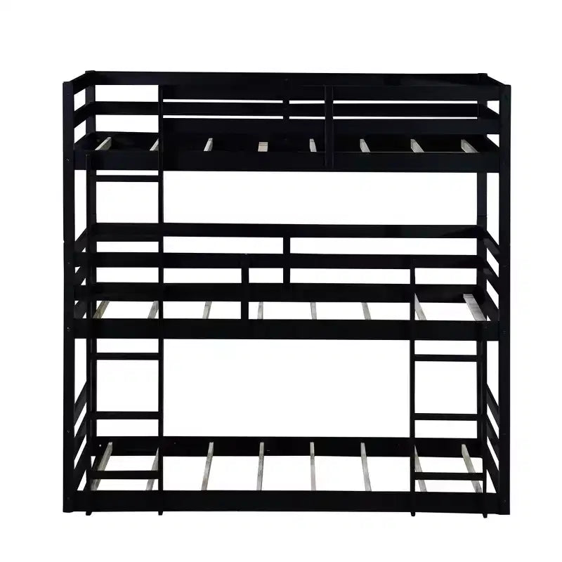 Triple Twin Bunk Bed, Solid Wood 3-Tier Bunk Bed with Dual Ladders & Guardrails