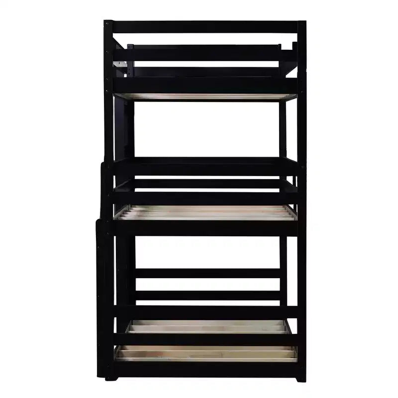 Triple Twin Bunk Bed, Solid Wood 3-Tier Bunk Bed with Dual Ladders & Guardrails