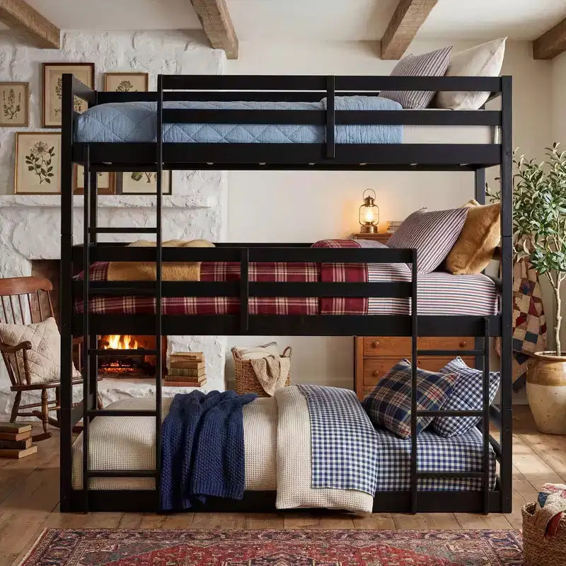Triple Twin Bunk Bed, Solid Wood 3-Tier Bunk Bed with Dual Ladders & Guardrails