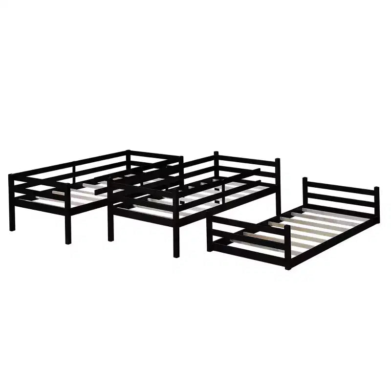 Triple Twin Bunk Bed, Solid Wood 3-Tier Bunk Bed with Dual Ladders & Guardrails