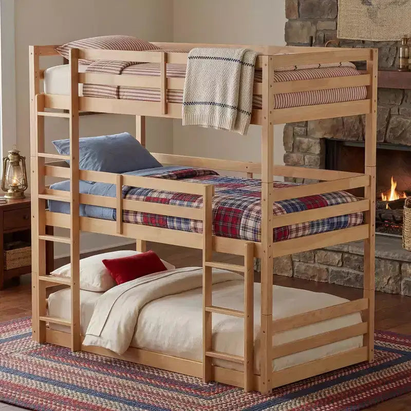 Triple Twin Bunk Bed, Solid Wood 3-Tier Bunk Bed with Dual Ladders & Guardrails