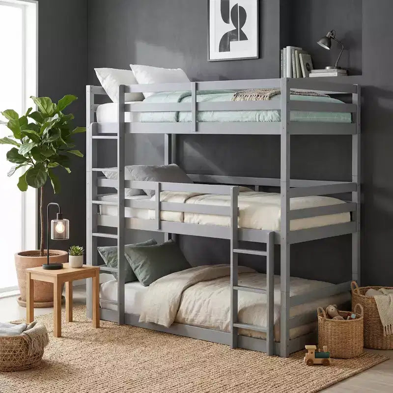 Triple Twin Bunk Bed, Solid Wood 3-Tier Bunk Bed with Dual Ladders & Guardrails