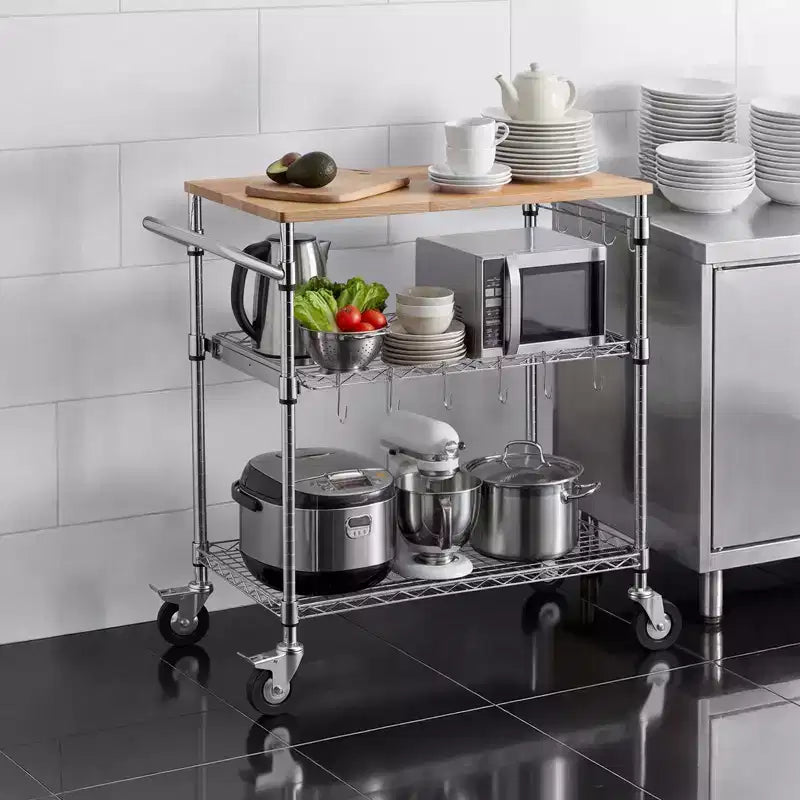 Kitchen Utility Cart, 3 Tier Heavy Duty Adjustable Wire Storage Rack with Wood Tabletop and Handle Bar, Silver