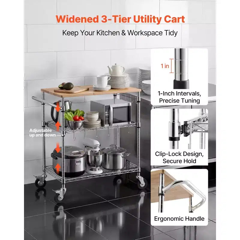 Kitchen Utility Cart, 3 Tier Heavy Duty Adjustable Wire Storage Rack with Wood Tabletop and Handle Bar, Silver