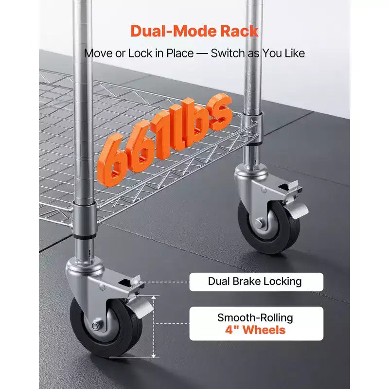 Kitchen Utility Cart, 3 Tier Heavy Duty Adjustable Wire Storage Rack with Wood Tabletop and Handle Bar, Silver