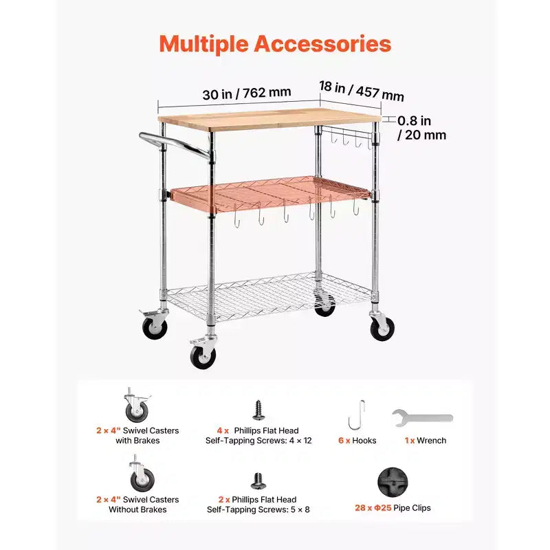 Kitchen Utility Cart, 3 Tier Heavy Duty Adjustable Wire Storage Rack with Wood Tabletop and Handle Bar, Silver