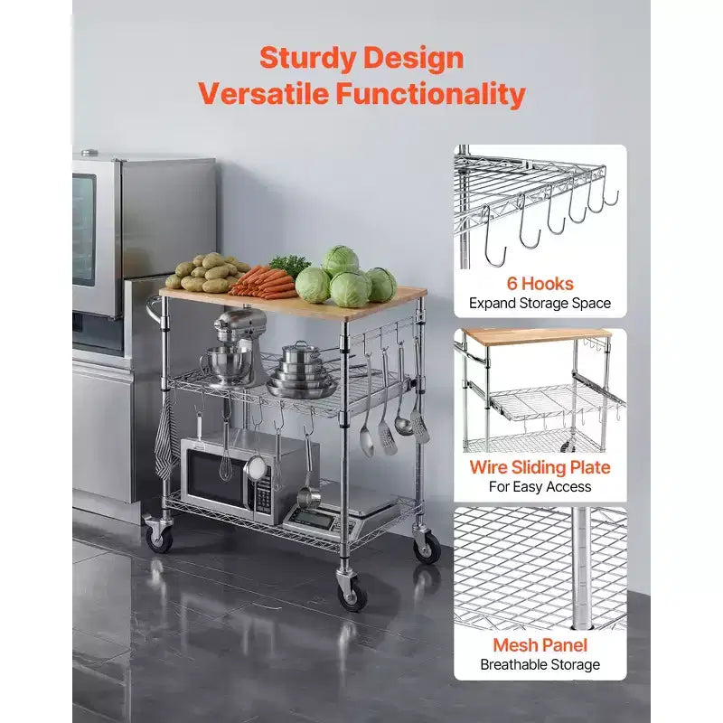 Kitchen Utility Cart, 3 Tier Heavy Duty Adjustable Wire Storage Rack with Wood Tabletop and Handle Bar, Silver