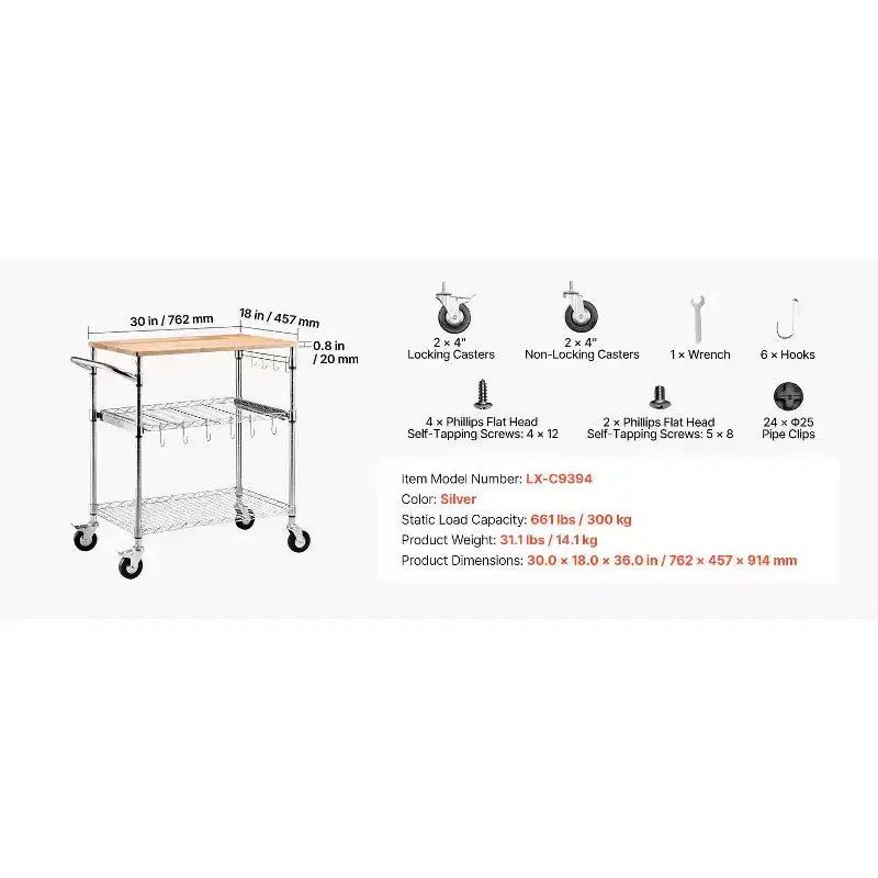 Kitchen Utility Cart, 3 Tier Heavy Duty Adjustable Wire Storage Rack with Wood Tabletop and Handle Bar, Silver