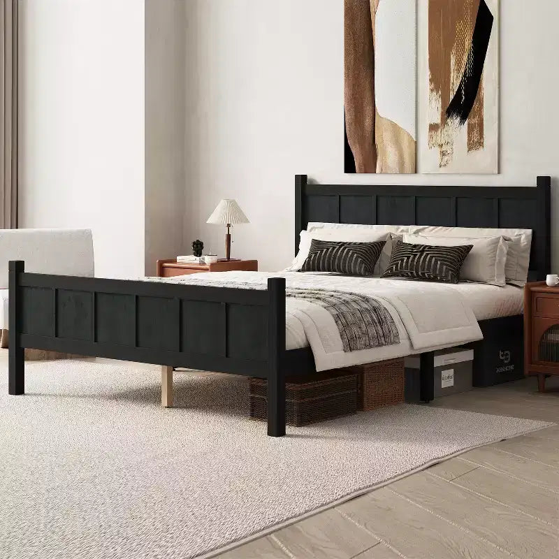 FAMYYT Queen Size Flat Panel Bed With Headboard & Footboard, Easy Assembly