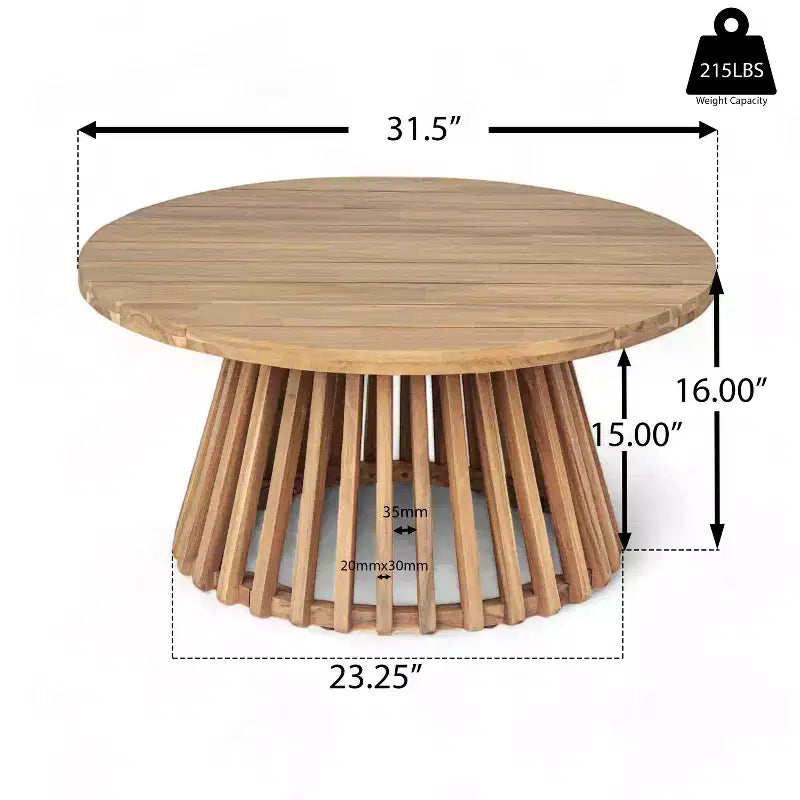 JVNOXK Acacia Wood Round Patio Coffee Table, Outdoor Wooden Accent Table with Unique Striped Base