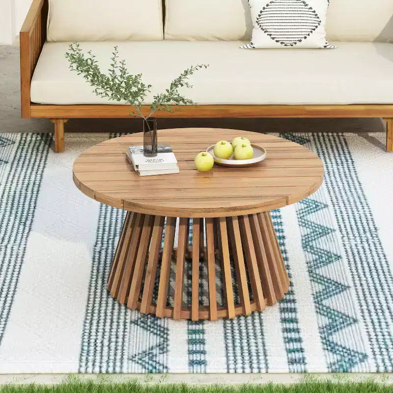 Acacia Wood Round Patio Coffee Table, Outdoor Wooden Accent Table with Unique Striped Base