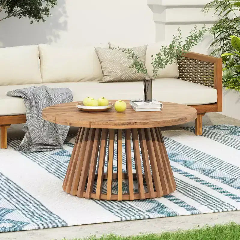 JVNOXK Acacia Wood Round Patio Coffee Table, Outdoor Wooden Accent Table with Unique Striped Base