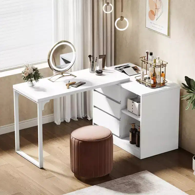 L-Shaped Computer Desk with Drawers and Shelves