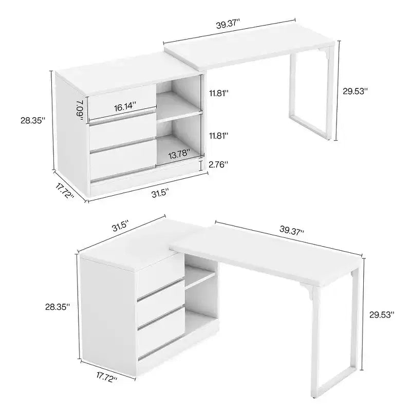 L-Shaped Computer Desk with Drawers and Shelves