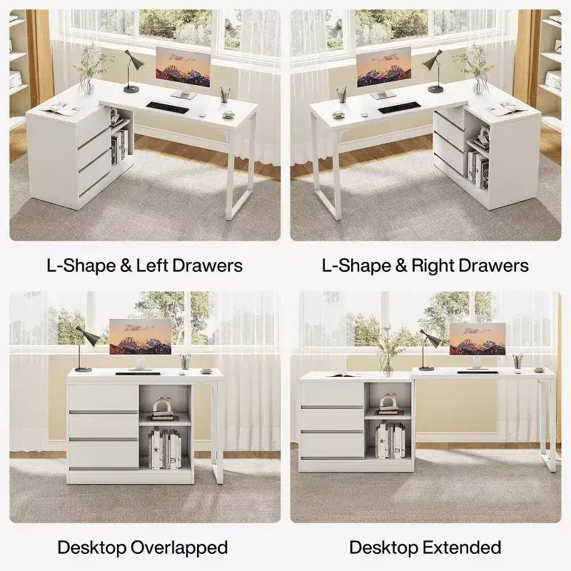 L-Shaped Computer Desk with Drawers and Shelves