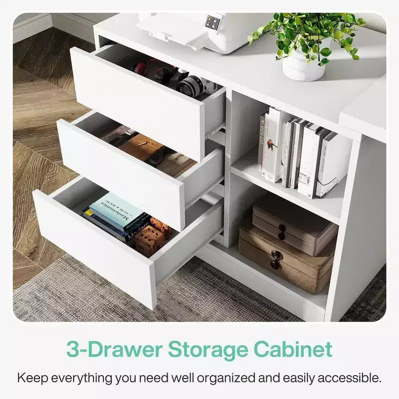 L-Shaped Computer Desk with Drawers and Shelves