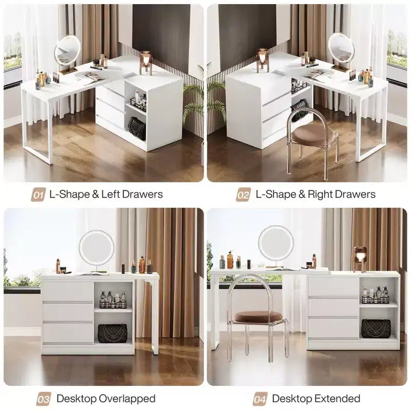 L-Shaped Computer Desk with Drawers and Shelves
