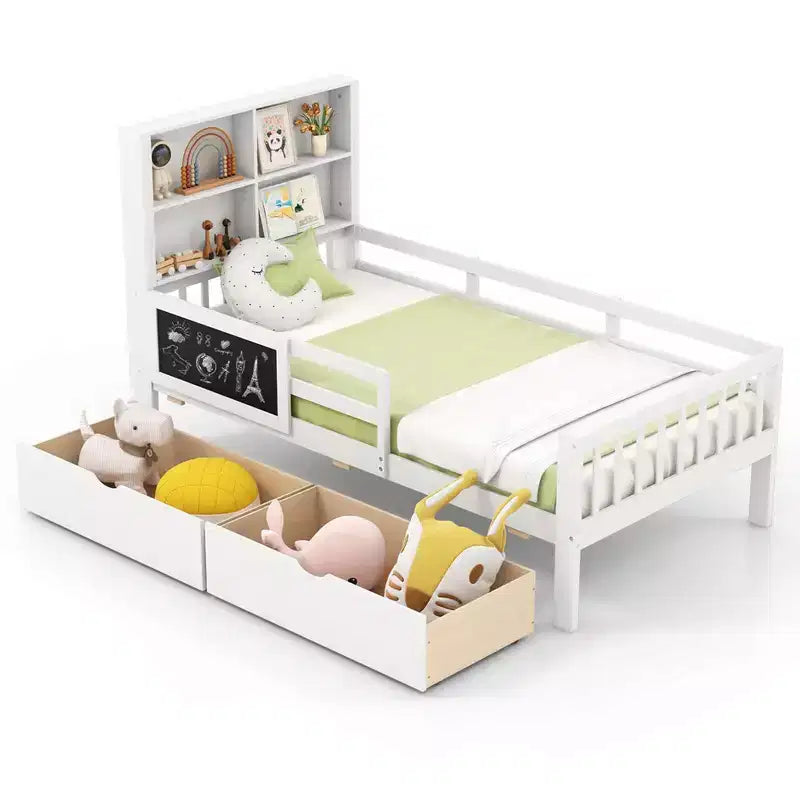 Twin/Full Size Bed Frame with 2 Drawers Bookcase & Blackboard Full-length Guardrails