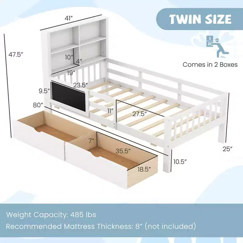 Twin/Full Size Bed Frame with 2 Drawers Bookcase & Blackboard Full-length Guardrails