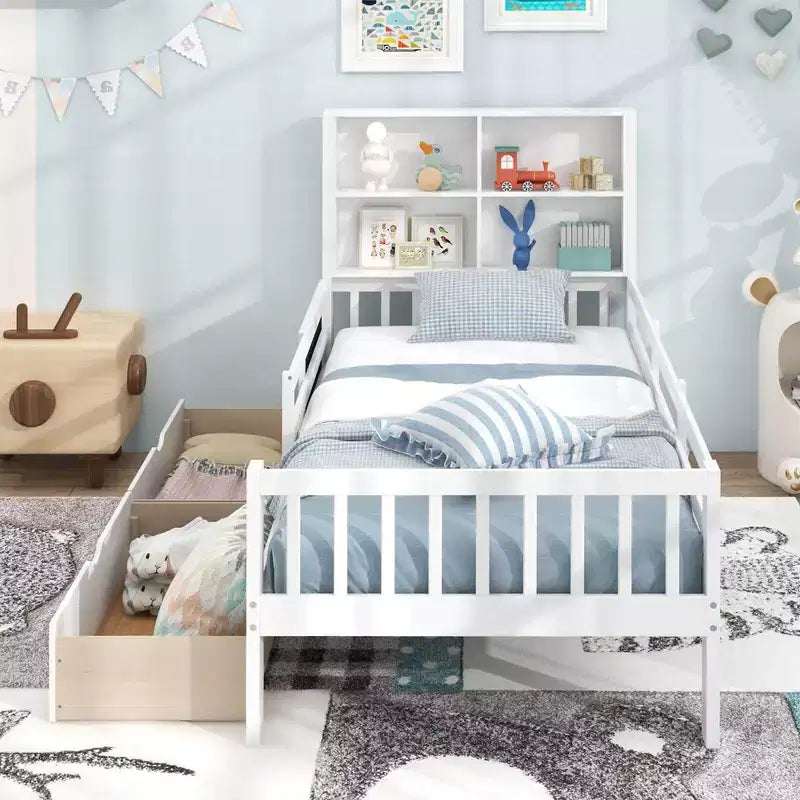 Twin/Full Size Bed Frame with 2 Drawers Bookcase & Blackboard Full-length Guardrails