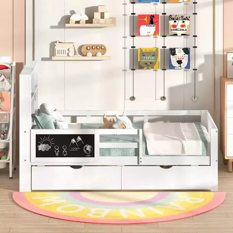 Twin/Full Size Bed Frame with 2 Drawers Bookcase & Blackboard Full-length Guardrails