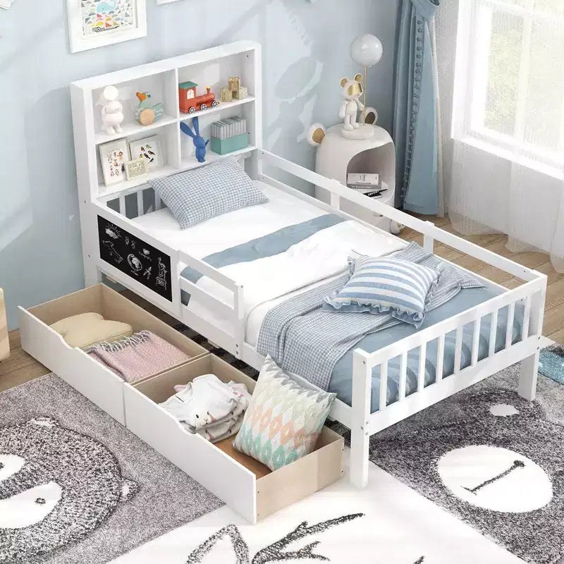 Twin/Full Size Bed Frame with 2 Drawers Bookcase & Blackboard Full-length Guardrails