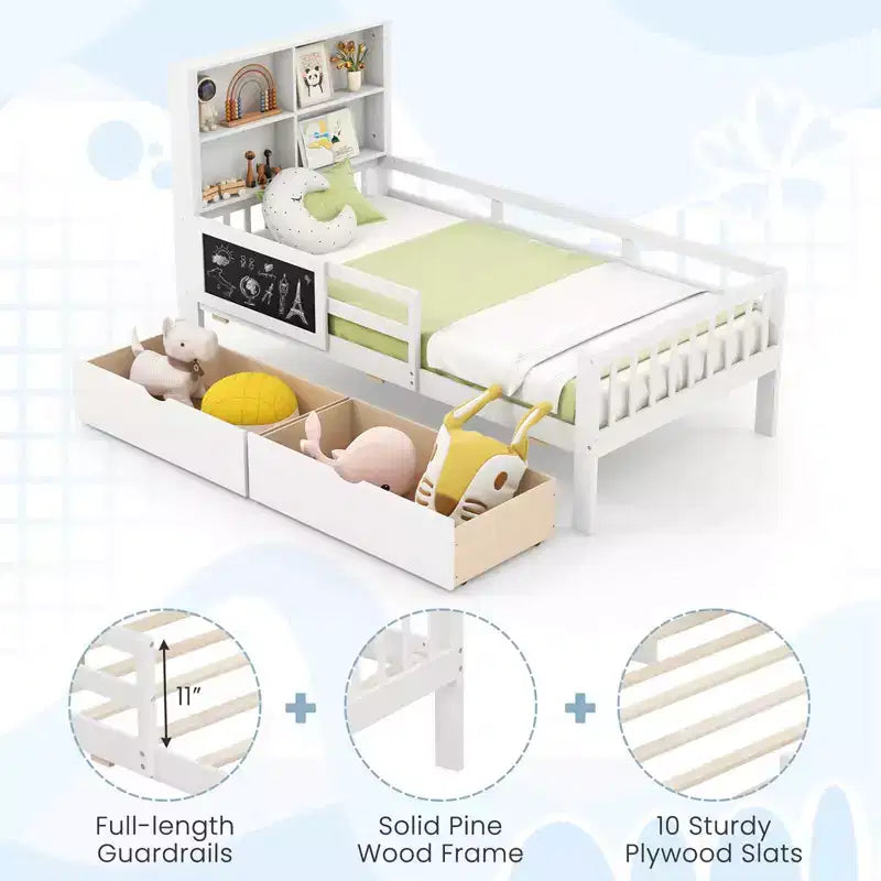 Twin/Full Size Bed Frame with 2 Drawers Bookcase & Blackboard Full-length Guardrails