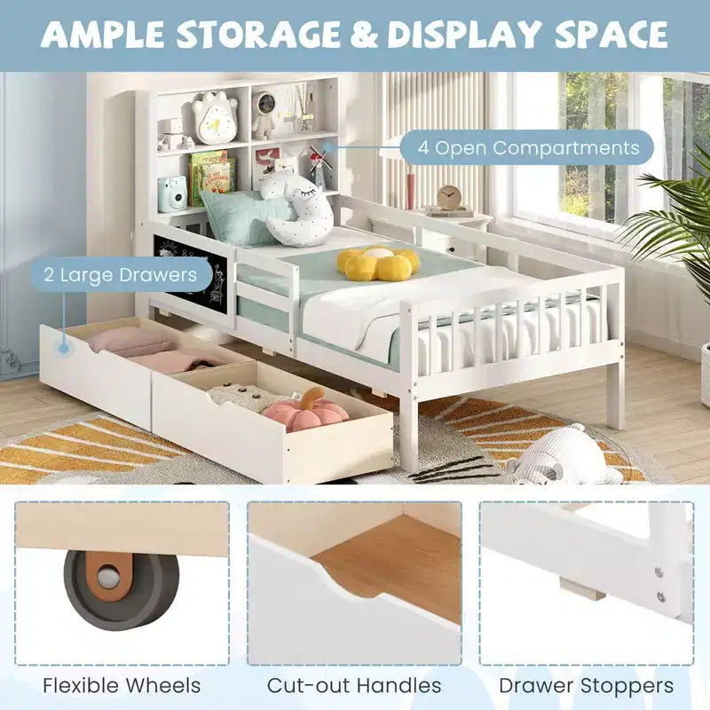 Twin/Full Size Bed Frame with 2 Drawers Bookcase & Blackboard Full-length Guardrails