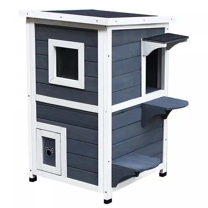 Pawhut 2 Story Outdoor Cat House, Outdoor Cat Enclosure Wooden Cat Shelter With Windows, Platforms