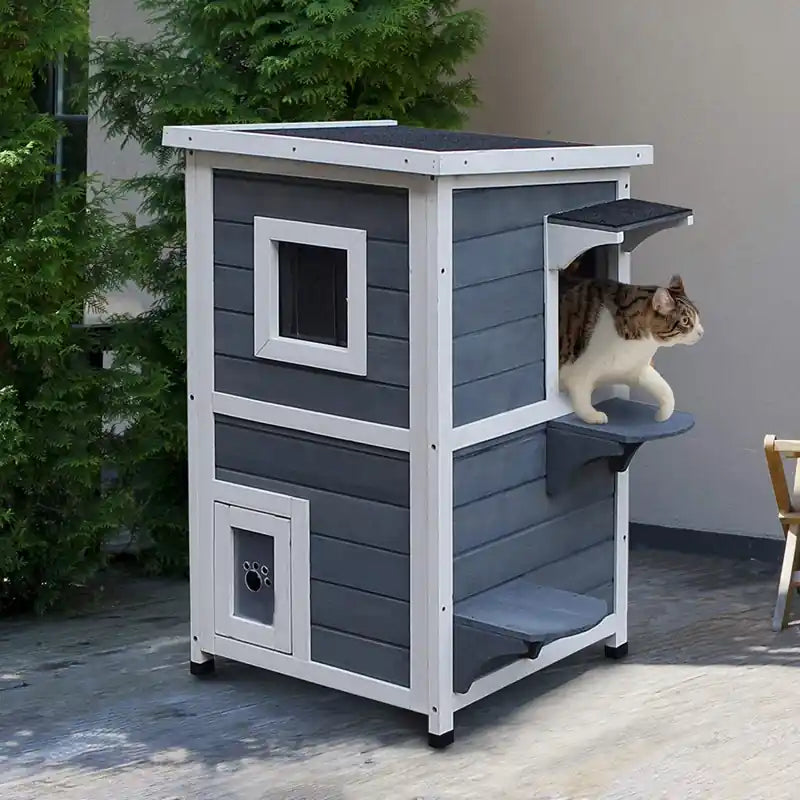 2 Story Outdoor Cat House, Outdoor Cat Enclosure Wooden Cat Shelter With Windows, Platforms