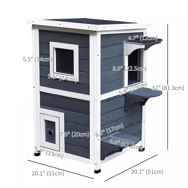 2 Story Outdoor Cat House, Outdoor Cat Enclosure Wooden Cat Shelter With Windows, Platforms