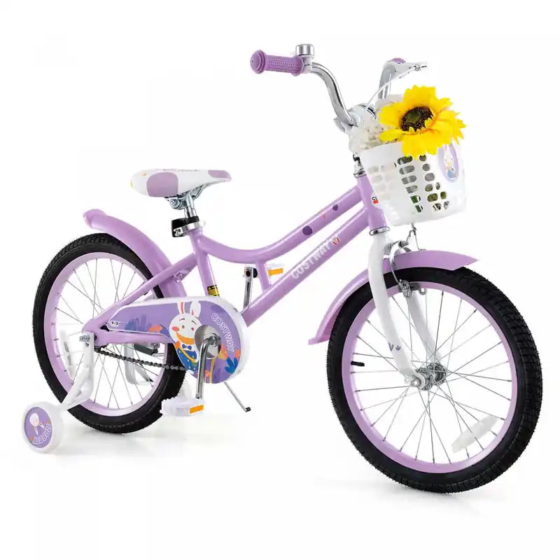 Costway 18 Girl Bike With Basket Detachable Training Wheels Adjustable Seat Handbrake Coaster Brake Purple