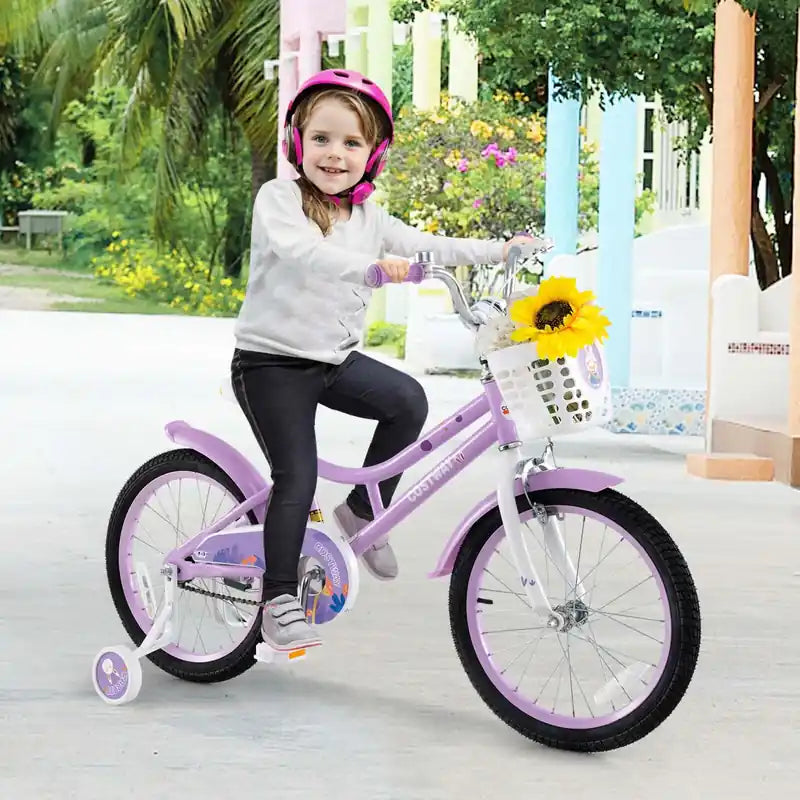18 Girl Bike With Basket Detachable Training Wheels Adjustable Seat Handbrake Coaster Brake Purple