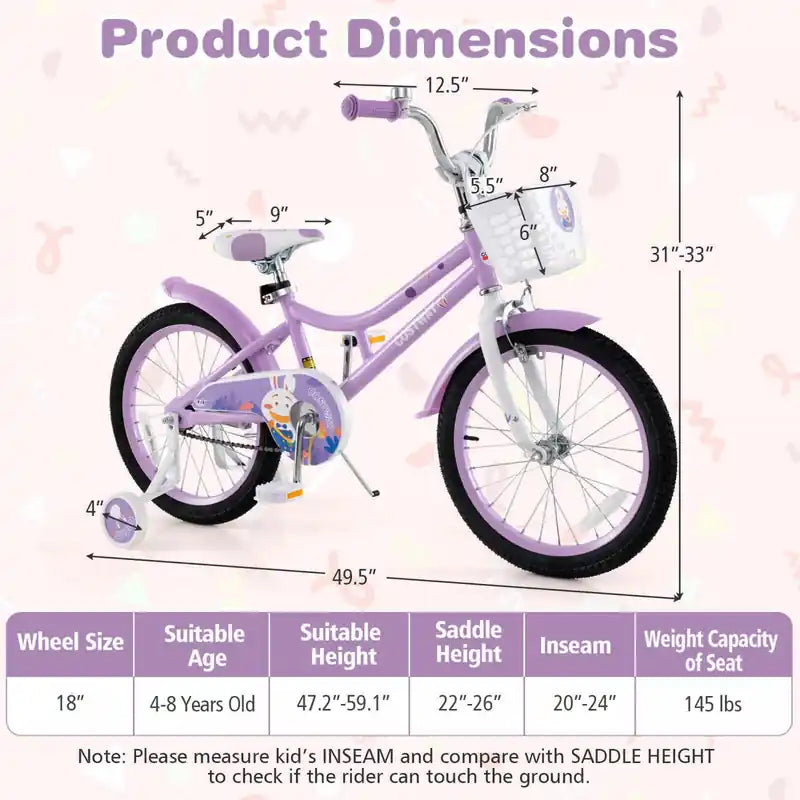 18 Girl Bike With Basket Detachable Training Wheels Adjustable Seat Handbrake Coaster Brake Purple