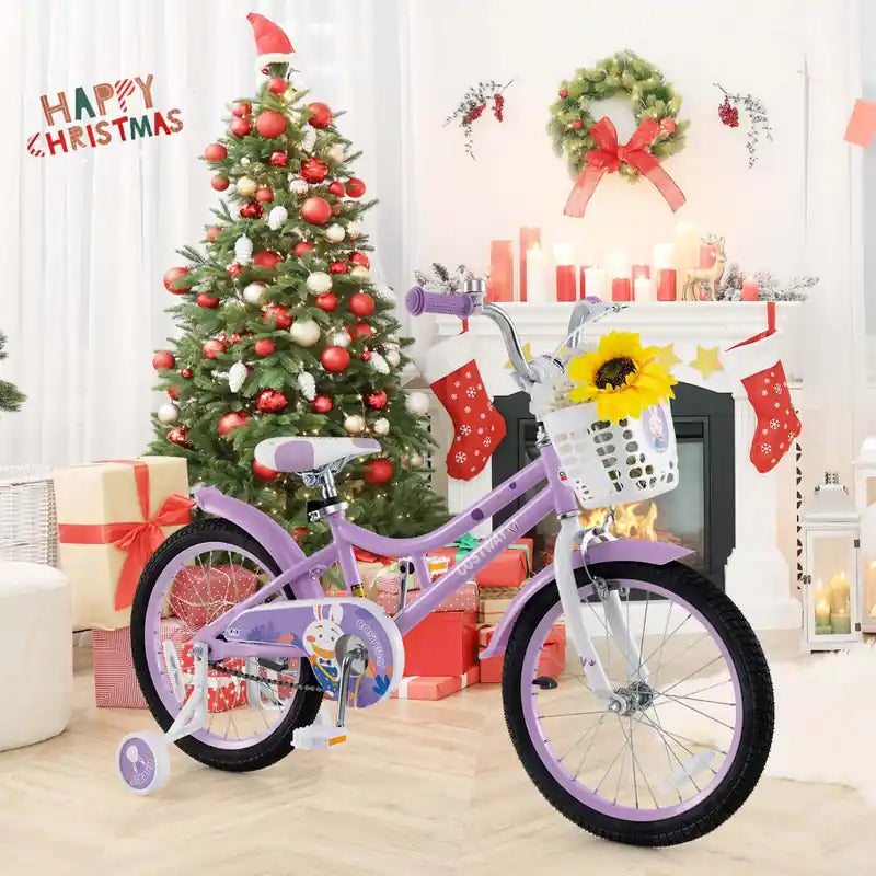 18 Girl Bike With Basket Detachable Training Wheels Adjustable Seat Handbrake Coaster Brake Purple