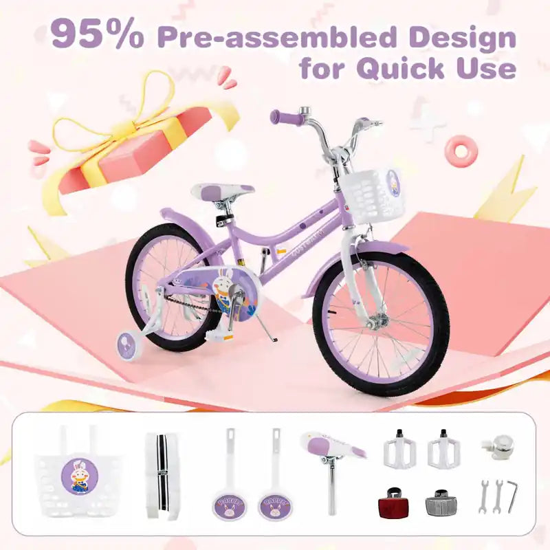 18 Girl Bike With Basket Detachable Training Wheels Adjustable Seat Handbrake Coaster Brake Purple