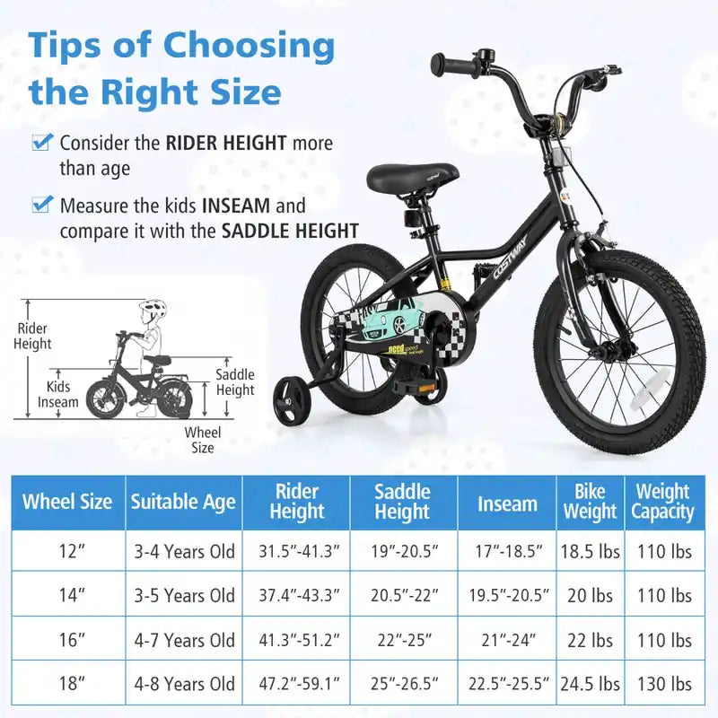 16 Kids Training Bike With Removable Training Wheels Pneumatic Tires Black