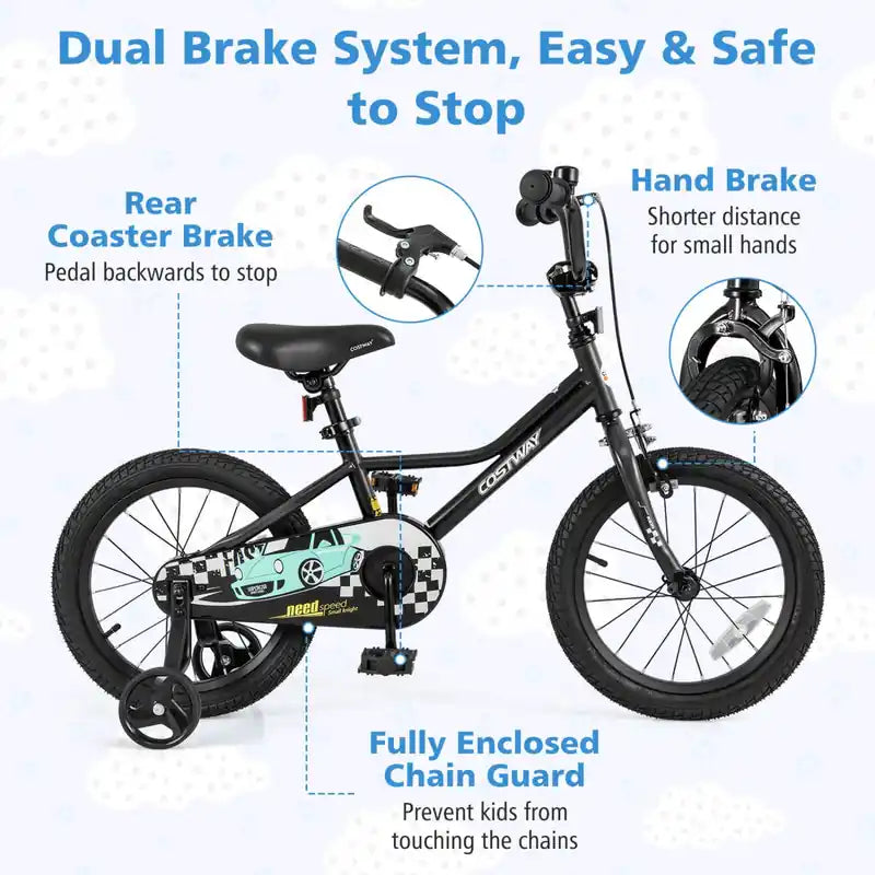 16 Kids Training Bike With Removable Training Wheels Pneumatic Tires Black