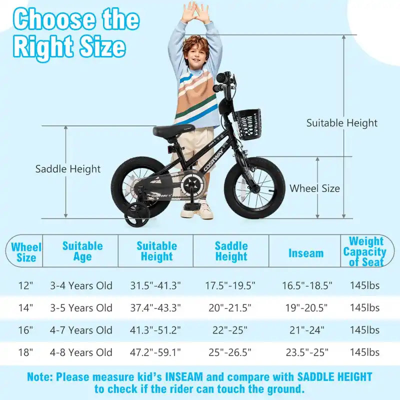 14 Kid's Bike With Training Wheels Adjustable Handlebar & Seat Handbrake Black