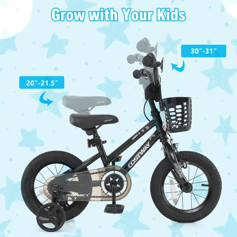 14 Kid's Bike With Training Wheels Adjustable Handlebar & Seat Handbrake Black